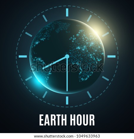 Earth Hour. Futuristic planet earth. 60 minutes without electricity. Sunrise. Global holiday. Abstract world map. Vector illustration. EPS 10