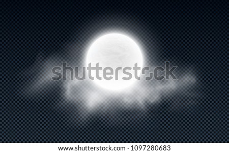 Realistic full moon with clouds isolated on a transparent background. White fog. Dark night. Glowing milk moon. Vector illustration. EPS 10