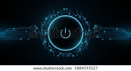 Futuristic power button with computer circuit board. HUD interface elements. UI Concept. Cyber luminescent switch. Technology modern background. Vector illustration. EPS 10
