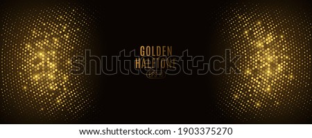 Abstract golden glittering halftone background. Luxurious glowing dots circle. Festive round frame for graphic design. Retro background. Vector illustration. EPS 10.