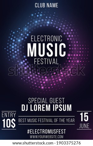 Electronic music festival. Party flyer. Stylish purple and blue glittering halftone banner. Glowing vibrant ring. Text decoration. Club and DJ name. Vector illustration. EPS 10.