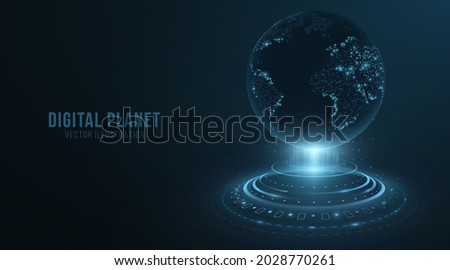 Digital holographic planet with HUD elements. Earth Globe hologram. 3D futuristic dot world map in cyberspace with light effects. Vector illustration. EPS 10