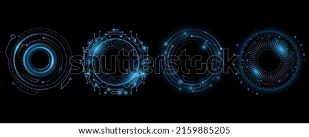 Set of glowing HUD rounds for your design. Futuristic circle. Virtual graphic. Dashboard display. Sci-fi and Hi-tech elements. GUI and UI. Modern technology. Vector illustration. EPS 10