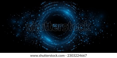 Digital circles of blue glowing dots. Information particles in a neural network. Big data visualization into cyberspace. Vector illustration. EPS 10.