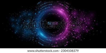 Futuristic digital circles of blue and purple glowing dots. Information particles in a neural network. Big data visualization into cyberspace. Vector illustration. EPS 10.