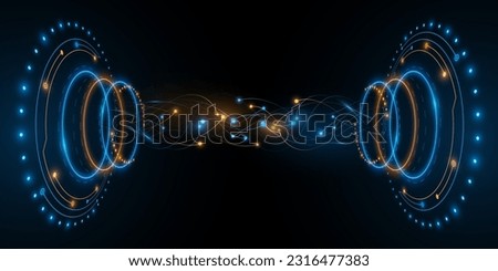 Digital glowing HUD circles in Sci-fi style with neural connectors on dark background. Development of a futuristic mechanism. Big data visualization into cyberspace. Vector illustration. EPS 10. Сток-фото © 