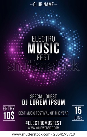 Electro music festival flyer. Party poster design. Stylish digital banner of glowing dots. Energy vibrant ring. Invitation to a musical event from the club. Vector illustration. EPS 10.