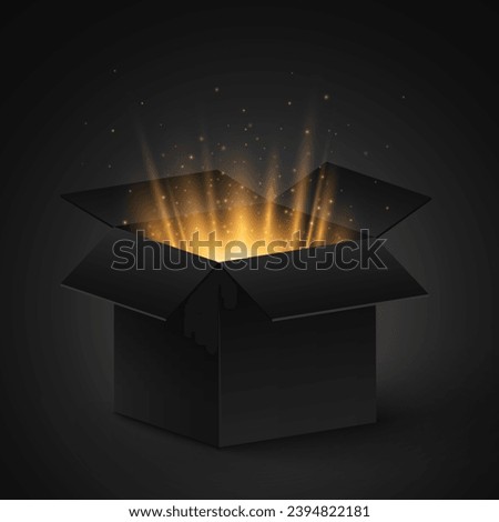 Open 3d gift box with golden glow and flying particles. Graphic element for sale or holiday. Vector illustration. EPS 10.