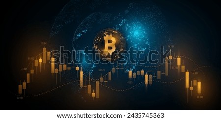 Cryptocurrency stock market with Bitcoin price chart. Investment trading graph with holographic earth globe. Business background for presentation. Vector illustration. EPS 10.