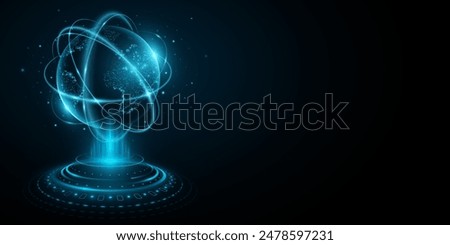 Hologram of futuristic planet Earth with digital glowing map of dots. Hi-tech HUD circles. Abstract rings in the orbit with stars on dark background. Global communication system. Vector. EPS 10