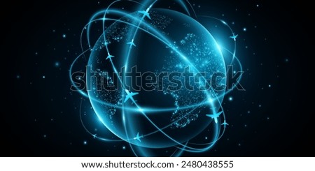 Airplane flying around the futuristic Earth globe. Sci-fi map of glowing dots. Hi-tech travel background for your design. Vector illustration. EPS 10