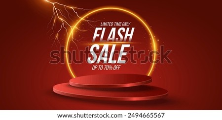 Electro scene for Flash sale. Levitating 3d podium with glowing neon round arc and lightning. Trendy pedestal for show your product. Promo business banner. Vector illustration