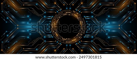 AI glowing circuit board background. Connected blue lines with hi-tech electronics elements. Computer motherboard. Technology digital panel. Vector illustration