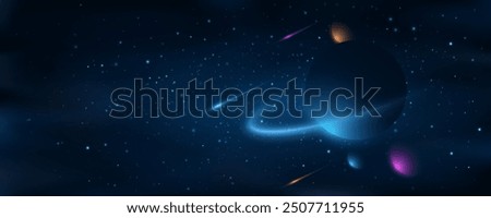 Cosmic background with colorful planets against the glowing stars. Abstract universe cover design. Starry night sky with fallen star. Abstract view of universe. Vector illustration. EPS 10.