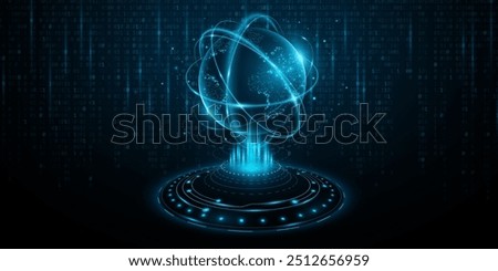 Futuristic planet Earth hologram. World map of glowing dots with HUD circles against the background of binary code. Global communication system. Big data into cyberspace. Vector illustration. EPS 10.