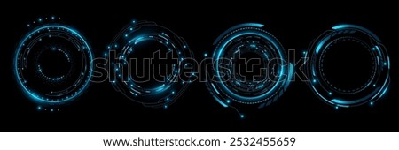 Set of glowing hud circles with circuit board. Futuristic elements for sci-fi interface. Vector illustration. GUI and UI design. EPS 10.