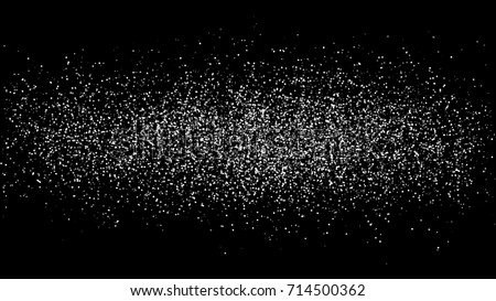 Abstract white dust of round shape is isolated on a black background. Spraying of fine particles. Horizontal position. White powder. Vector illustration