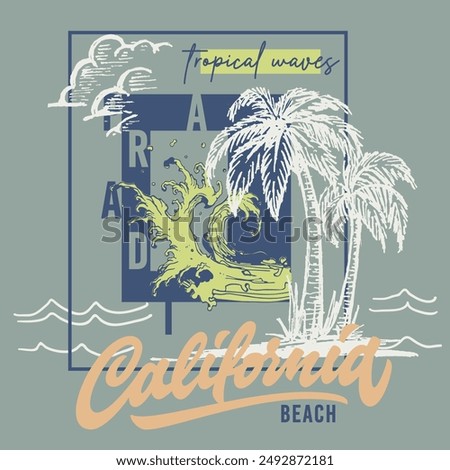 Vector illustration on the theme of surf and surfing in California, Venice beach. Typography, t-shirt graphics, print, poster, banner, flyer, postcard