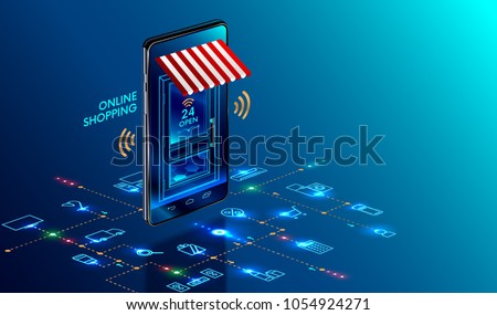 Online shopping. Smartphone turned into internet shop. Concept of mobile marketing and e-commerce. Isometric supermarket smartphone with icons of purchases. Awning above online store front door.