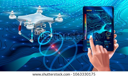 Drone or quadcopter with camera 3d scanning land. Drone fly over landscape and make geological mapping of the field. Landforms display on digital tablet in hands. Modern agricultural technology