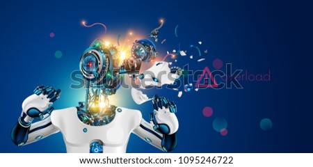 Robot or cyborg with artificial intelligence failures overloaded and broken down. AI not coped with the task. Artificial brain glitch and exploded. Destroy Robot head. Future concept.