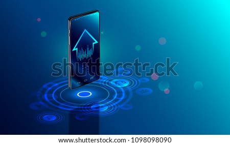 Smartphone with digital logo smart home stand at iot icons. Smart phone controls devices of smart home via wireless connection and voice commands. Internet of things concept.
