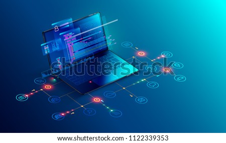 Software, web development, programming concept. Abstract Programming language and program code on screen laptop. Laptop and icons company network . Technology process of Software development 





