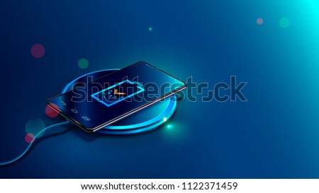 Black smart phone on wireless charging device on blue background. Icon battery and charging progress lighting on screen smart phone. Isometric vector illustration.