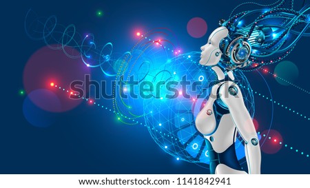 female humanoid robot or cyborg with artificial intelligence sideways. Head of machine is connected by cable to the super computer. Beautiful robotic woman with artificial face looking up.
