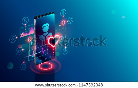 Online tele medicine isometric concept. Medical consultation and treatment via application of smartphone connected internet clinic. 