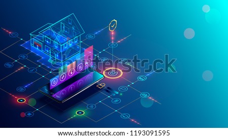 Smart home with internet of things isometric concept. IOT technology in house automation design. Smartphone for wireless control of household appliances via internet. Protection house infrastructure.