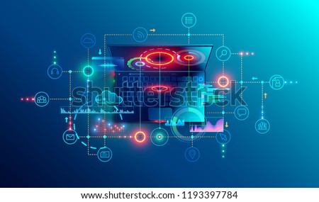 Programming or Software development abstract concept. Top view at screen laptop with business icons, programming language or fragments coding. Technology banner of Software developer company 