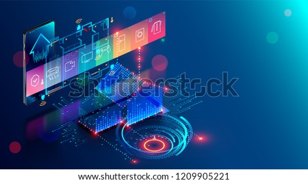 Smart home abstract background. Smartphone app of automation internet of things of intellectual house. System of control Appliances via wifi network. Modern building with mobile monitoring and iot.
