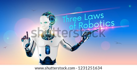 Robot-lecturer or cyborg teacher with a pointer at the school Board. Humanoid android with artificial intelligence teaches other robots three laws of robotics. Machine learning. future concept.  