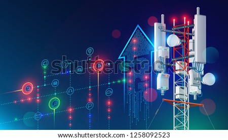 5G communication tower for wireless hi-speed internet. Mobile network technology in city life concept. LTE aerial connection with satellite net. Mast of station of the broadcasting cellular. 商業照片 © 