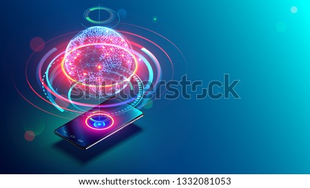 High speed communications with world wide web from anywhere in world via phone mobile internet. Hologram earth consists light dots. Abstract virtual hud elements over screen modern glass smartphone.