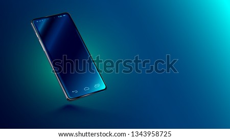Modern glass smartphone hanging over the table with a smooth dark blue surface in perspective view with reflection. Realistic vector illustration isometric phone. Mock up or template shiny cellphone.