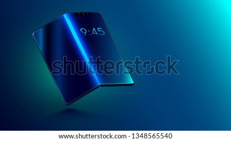 Foldable smartphone with foldable screen. Flexible display of mobile phone bended hanging over table. New technology transforming phone into a tablet. Illustration electronic smart device
