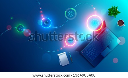 Software development, working on laptop. Night workplace of coder top view . programming of online internet website. Desktop application design concept. Abstract computer icons hovered over keyboard