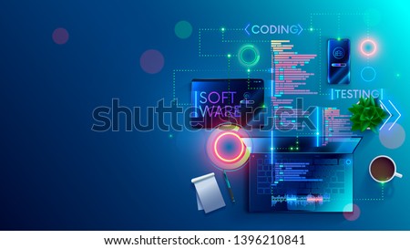 Software development coding process concept. Programming, testing cross platform code, app on laptop, tablet, phone. Create, editing script desktop and mobile devices. Technology software of business. Foto d'archivio © 