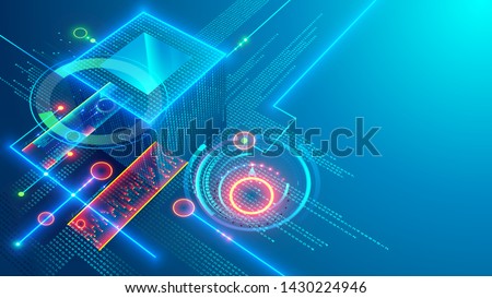 Digital background. Cube or box consists matrix of digits. Block chain of abstract finance data, business graphic. Blockchain fintech technology and mining cryptocurrency conceptual internet banner.