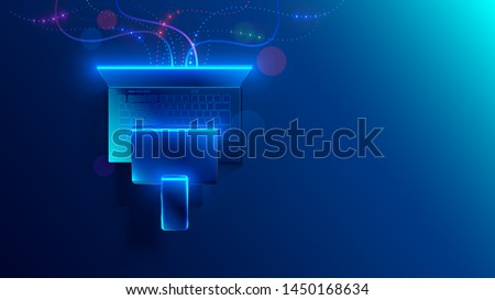 Conceptual illustration digital technology. Hanging smart phone, tablet, laptop. Porting programs to mobile platforms. development of cross-platform software for desktop and mobile devices. 