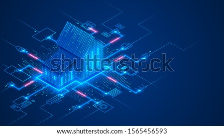 Smart home technology conceptual banner. Building consists digits and connected with icons of domestic smart devices. illustration concept of System intelligent control house on blue background. IOT. Stock foto © 