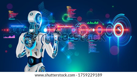 Robot or humanoid cyborg working with abstract tech hologram interface. Futuristic AI in industry 4.0 develops industrial virtual drawings details. Humanoid android back view looking on screen.