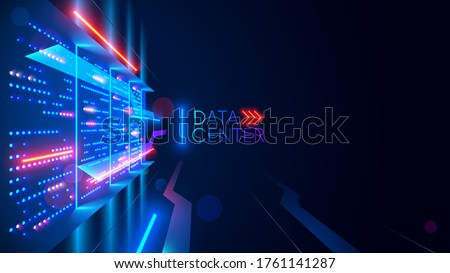 Data center or digital storage. Server rack with glowing lights. Abstract tech background of cloud computing, networking technology. Data stream processed and warehouse by server. Conceptual banner.