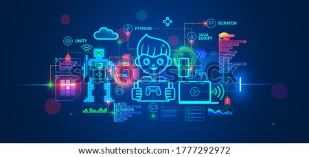 Kids learning to coding, programming in online IT school. Engineering courses in internet for talented children. Boy studying game development, robotics technology, creations program code on computer