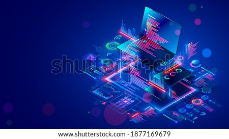 Software development for different devices. Process of optimization, debugging program or code for laptop, phone, tablet. Creation adaptive application on programming languages. computer technology.