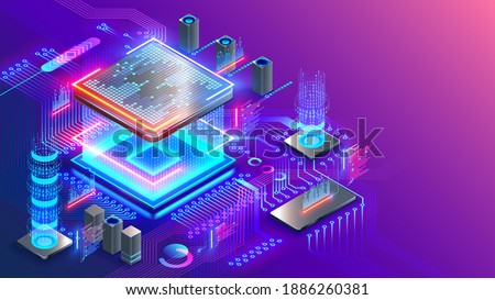 Blockchain cryptocurrency technology isometric concept. Graphic cpu miner mines electronic crypto currency. Banking Blockchain Fintech. CPU processor chip on circuit board generating digital money.