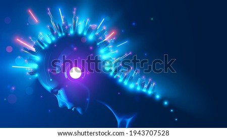Futuristic smart city on head AI in image female cyborg or robot woman. Artificial intelligence, IOT technology, internet communications in modern city infrastructure system. Skyscrapers in neon light