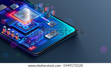 CPU of phone. Microchip, smd electronic components of mobile device on circuit board or motherboard. Digital Processor, parts of repair smartphone. Engineering and develop electronic microcontroller.